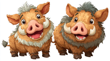 Two cartoon boars stand side by side, their cheerful expressions highlighted by open mouths and visible tusks. The illustration features warm brown and orange tones with detailed textures. The overall style suggests a playful, animated aesthetic. This image could be suitable for various design projects and commercial applications.の素材