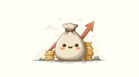 An illustrated money bag with a smiling face sits beside stacks of gold coins, with an upward-pointing arrow. The image features a light color palette, with soft shadows and outlines creating a cheerful, inviting feel. Suitable for illustrating financial concepts, investments, or economic growth in various commercial contexts.の素材
