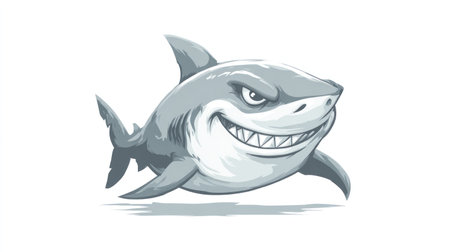 This illustration depicts a stylized shark with a menacing expression. The artwork features grayscale tones, creating a vibrant visual effect against a plain white background. It could be suitable for various uses, including design projects, educational materials, and illustrative applications.の素材