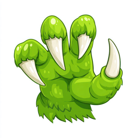 A cartoon illustration showcases a green monster claw with prominent white talons, set against a clean white backdrop. The image features a bright, vibrant color palette with smooth textures, and a frontal composition. Suitable for various design projects, this graphic can be used for editorial and commercial applications.の素材