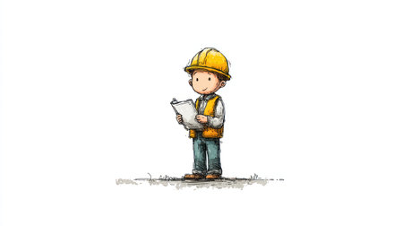 A cartoon illustration depicts a construction worker holding a blueprint. The image features a bright yellow hard hat and safety vest. The artwork is in a watercolor style with soft textures. It is set against a simple white backdrop. Suitable for various design and advertising projects.の素材