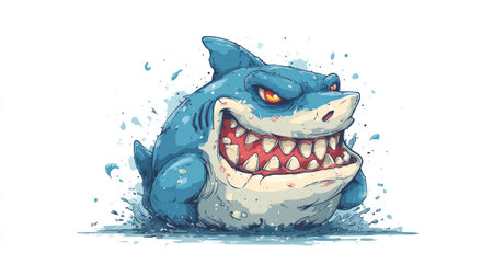 A cartoon illustration showcases a smiling shark with blue and white tones. It features a menacing grin with visible sharp teeth and orange eyes. The composition is set against a clean white backdrop, indicating an isolated studio environment. Suitable for various design projects and commercial applications.の素材