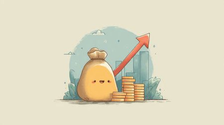 An illustration depicts a money bag alongside a rising graph, symbolizing financial growth. The artwork features soft colors and textures, suggesting a friendly and approachable design. The composition is simple, set against a neutral background. Suitable for financial education or economic presentations.の素材