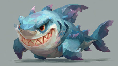 A cartoon shark, rendered in a low-poly style, is depicted. The illustration uses shades of blue and purple, creating a dynamic visual effect. The character is set against a plain background, and the lighting highlights its sharp features. This image could be suitable for various creative projects such as animation or educational content.の素材