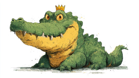 A cartoon illustration depicts a green crocodile wearing a golden crown. The artwork showcases detailed textures and a vibrant color palette, including shades of green and yellow. The composition is set against a clean white background, creating an image suitable for various editorial and commercial applications.の素材