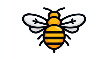 A cartoon illustration depicts a bee with a yellow and black striped body. Outlined in black, the bee features white wings, creating a simple and clean design. The image utilizes bright colors and a flat style, suitable for various design projects. This imagery could be used for educational, advertising, or decorative purposes.の素材