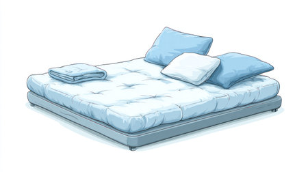 This illustration depicts a bed with pillows and a folded blanket. The scene is rendered in a cartoon style, featuring soft, light blue hues and visible linework. The composition emphasizes comfort and relaxation, suitable for design and editorial applications. The image is ideal for various commercial projects related to home decor.の素材