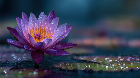 A close-up captures a vibrant purple lotus flower, its petals detailed, emerging from water. The image displays a soft focus with water droplets adding texture. The lighting suggests an outdoor environment, with potential use in nature, wellness, or artistic projects, highlighting themes of tranquility and beauty.の素材
