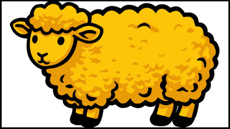 This cartoon illustration depicts a sheep with fluffy yellow wool. The image features black outlines and solid yellow for the animal. It is presented against a plain white background, and may be suitable for various design projects, including educational resources or children's materials.の素材