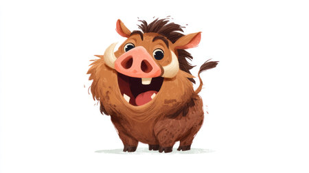 This image features a friendly cartoon warthog with a wide open mouth and a smiling expression. The warthog displays a brown coat, pink nose, and large tusks against a clean white background. It showcases a digital painting style, possibly suitable for illustrations, advertising, or educational materials.の素材