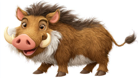 This illustration presents a cartoon warthog, depicted in a friendly stance. It displays a full body view with detailed rendering of its brown fur, pink snout, and large tusks. The style is reminiscent of animation, suggesting uses in educational materials or children's media, suitable for various design projects.の素材