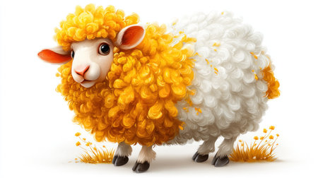 This image presents a cartoon sheep with distinctive yellow and white wool. It is rendered in a clean, illustrative style, suggesting a playful design. The overall composition is simple, with the sheep isolated against a white background. This could be used for various commercial projects, including educational materials and children's designs.の素材