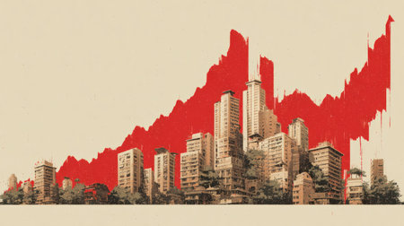 An illustration depicts a city skyline juxtaposed with a dynamic red graph. The image showcases tall buildings and a large red shape. The color palette emphasizes contrast, the background is plain and the style is conceptual. This image can be used for commercial projects related to finance or urban development.の素材