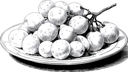 A detailed grayscale illustration features a bunch of grapes presented on a white plate. The image uses fine lines and shading to define the fruit and vessel. The composition suggests a studio setting, suitable for culinary or botanical concepts. It may find use in editorial content or commercial design projects.の素材