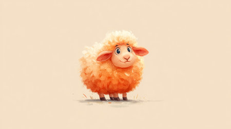 A cartoon illustration showcases a sheep with vibrant orange, fluffy wool. The animal stands against a neutral background, with simple shading effects. The composition emphasizes the sheep's form, suggesting a whimsical and playful mood. This image is suitable for various design projects, including children's books and educational materials.の素材