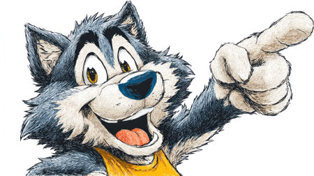 This illustration features a cartoon wolf with a cheerful expression, pointing its finger. The artwork uses a vibrant color palette, focusing on blues and yellows, and exhibits a friendly style. The wolf is rendered with smooth lines and is set against a clean white background. Suitable for various commercial and editorial applications.の素材