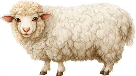 A cartoon illustration showcases a sheep with thick, white wool. The image features soft textures and a clean, isolated composition. The lighting appears even, suggesting a studio setting. This versatile image could be used for various commercial and editorial applications.の素材
