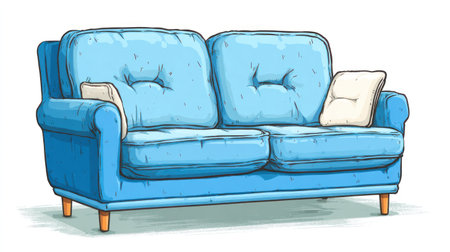 A cartoon illustration showcases a light blue sofa featuring a pair of cushions and a contrasting white pillow. This image presents a simple, clean design with a white backdrop. It could be suitable for various uses, including marketing materials or illustrating concepts related to home decor.の素材