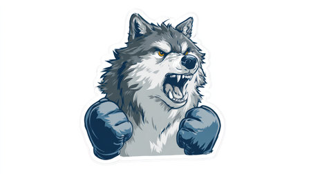 An illustration depicts a cartoon wolf with an aggressive facial expression, wearing boxing gloves. The image utilizes a vibrant color palette, featuring shades of gray and blue against a white background. The composition suggests a dynamic, isolated character suitable for various design applications, commercial projects, and editorial content.の素材