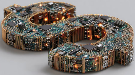 This image features a dollar sign constructed from intricate circuit board components. The design showcases a complex network of chips, wires, and electronic elements, illuminated with warm lighting. It suggests concepts of finance, technology, and digital transformation, suitable for various commercial applications.の素材