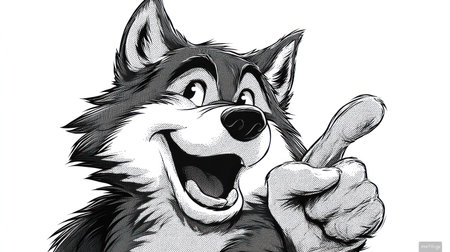 A cartoon illustration depicts a wolf character with a joyful expression, giving a thumbs-up gesture. The artwork employs black and white shading to create depth and volume. The composition features a clean white background, which is suitable for various applications. It can be used for projects requiring a friendly character or representing approval.の素材