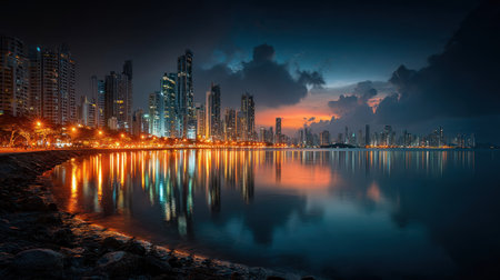 A nighttime cityscape is reflected in still water under a dramatic sky. Tall buildings with lit windows line the horizon, while the water mirrors the lights and colors above. The composition features contrasting colors and textures, suggesting a metropolitan setting ideal for various visual applications.の素材