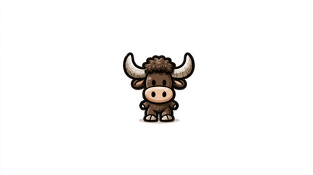 This illustration features a cartoon yak on a plain white background. The yak is brown with light brown horns and a dark brown patch of fur on its head. It has a rounded design. The image is likely suitable for various commercial uses such as advertising, educational materials, and decorative prints.の素材