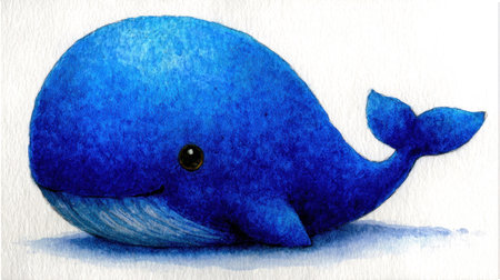 A vibrant illustration presents a cartoon whale with a large, rounded body. The creature is primarily blue with subtle shading, resting on a white backdrop. The soft textures and clean lines suggest a digital painting style, potentially suitable for various commercial uses.の素材