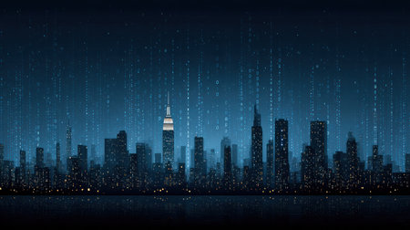 An illustration presents a city skyline, overlaid with a digital data visualization, creating a conceptual depiction of technology. The color palette focuses on shades of blue, and the lighting suggests a nighttime environment. This image could be used for articles, advertisements, or visual assets related to technology or urban landscapes.の素材