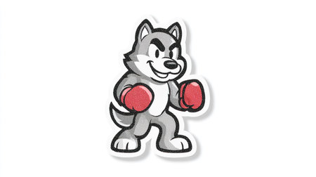 This cartoon illustration depicts a wolf character wearing red boxing gloves. The image showcases a gray and white color palette with bold outlines and a playful composition. This vector art could be used for various commercial projects. The graphic appears to be isolated against a white backdrop.の素材