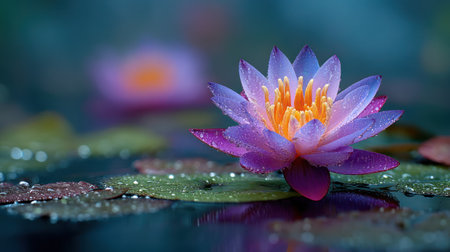 A vibrant image presents a lotus flower in full bloom, showcasing purple petals and a yellow center. The flower rests on water surrounded by green lily pads, with droplets. The composition, featuring bokeh, hints at outdoor lighting and natural environment. This image is suitable for various commercial uses.の素材