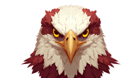 This image features a detailed illustration of an eagle, showcasing its sharp focus. The artwork displays a vivid color palette of red, white, and gold, with meticulous rendering. The composition is centered, presenting the bird head-on against a plain background. This illustration could be used for various commercial or editorial applications.の素材