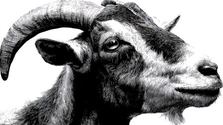 This black and white image presents a detailed close-up of a goat's head, emphasizing its textured fur and large, curved horns. The composition is stark and isolated against a white background, using shading to highlight the animal's features. This image could be used for various commercial projects requiring animal imagery or educational materials.の素材