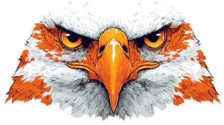 This illustration presents a detailed headshot of an eagle, showcasing sharp features and striking coloration. The image features vibrant orange and white hues, a direct gaze, and detailed textures. Ideal for design projects, it could be used for various commercial or editorial applications, offering a dynamic visual element.の素材