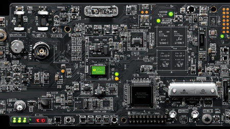 A detailed illustration showcases a circuit board with intricate electronic components and connections. The image features a dark color scheme with highlighted elements, utilizing a graphic design approach. It can be used as a background for various technological themes, suitable for editorial and commercial purposes.の素材