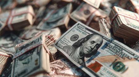 This image showcases numerous stacks of hundred dollar bills, suggesting wealth and financial success. The composition emphasizes the texture and detail of the currency. The lighting highlights the green and white hues, creating a visually compelling presentation. Suitable for illustrating financial topics, banking, and commercial applications.の素材