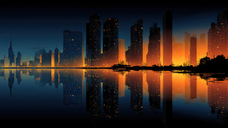 An illustration depicts a city skyline at dusk, with buildings silhouetted against a fiery orange and dark blue sky. The scene is reflected in the calm water below. The composition uses dramatic lighting and color contrast to create a visually striking effect. Suitable for commercial or editorial applications.の素材