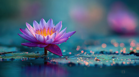 A close-up shot showcases a vibrant purple lotus flower in full bloom, revealing intricate petal details. The soft focus emphasizes the water droplets and delicate textures. The color palette includes shades of purple, green, and yellow against a blurry, natural background. This image could be used for various purposes such as editorial, advertising, or design projects.の素材