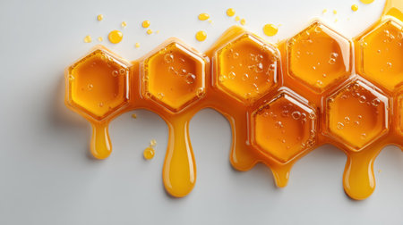 This image showcases a close-up view of golden honeycombs, with honey dripping down. The image is characterized by a bright, warm color palette, and the liquid honey adds a dynamic element. This visual may be suitable for illustrating natural food products, wellness concepts, or other editorial purposes.の素材