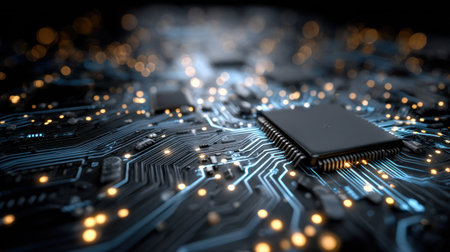 This image presents a detailed view of a circuit board featuring an integrated processor. Illuminated lines and nodes create a visually engaging network. The composition utilizes a shallow depth of field, focusing on the central elements. This image has potential applications in technology, design, or commercial projects.の素材