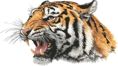 This image features a detailed close-up of a tiger, showcasing its head and open mouth, revealing sharp teeth. The animal displays a vivid combination of orange and black stripes. The illustration style provides a clean look, suitable for diverse applications. The image is likely suited for commercial or educational projects.の素材