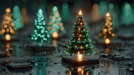 Digitally rendered image showcases miniature Christmas trees arranged on a circuit board surface. The trees, rendered in varying shades of green, are adorned with glowing lights. The composition features a shallow depth of field, with soft lighting and a blurred background. Suitable for conceptual illustrations related to technology or the holiday season.の素材