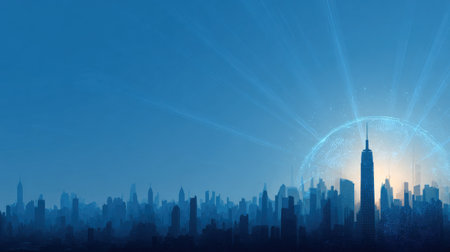 A silhouette of a city skyline is presented against a backdrop of radiant light. The composition features tall buildings and structures in shades of blue. The image suggests an urban environment, possibly taken during dawn or dusk. This visual could be used for various commercial projects and editorial content.の素材