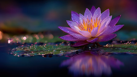 A close-up captures a vibrant purple lotus flower floating on water. The image displays a delicate texture of petals with hints of yellow in the center. The composition uses shallow depth of field, with soft lighting and a reflective surface adding to its serene and tranquil quality. Suitable for artistic, decorative or wellness-related projects.の素材