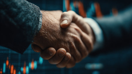 Two individuals engage in a handshake, conveying a sense of unity and cooperation. The image showcases the joining of hands, with a focus on textures and tones. It evokes a feeling of business, deal-making, and collaboration. This visual could be used in various commercial projects.の素材