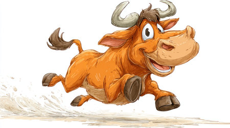 An animated wildebeest is depicted in a running pose, against a white background. The artwork features warm colors with soft shading, emphasizing a cheerful expression. This illustration style might be suitable for children's books, educational materials, or various commercial projects seeking a friendly, inviting visual.の素材