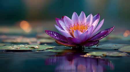 A close-up shot captures a vibrant lotus flower in full bloom, resting on the surface of calm water. The petals display a gradient of purple hues, with a striking yellow center. The composition features soft lighting that enhances the delicate textures and the tranquil atmosphere, suitable for various editorial and commercial applications.の素材