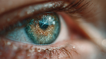 This close-up image showcases a human eye with a digital circuit pattern overlaid on the iris. The eye exhibits shades of blue and green, with subtle textures and highlights. The composition focuses intently on the details, suggestive of technology or futuristic concepts. It is suitable for design, advertising, and editorial uses.の素材