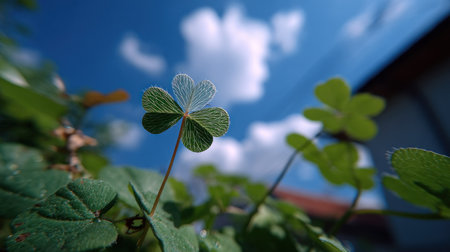 A detailed image features a clover plant with three leaves, showcasing vibrant green hues. The composition includes a blurred background of a blue sky filled with white clouds. This natural scene could be suitable for various uses, including illustrations, editorial content, and designs related to nature and growth.の素材