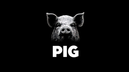 A grayscale illustration depicts a pig's head centered against a black backdrop, creating a stark contrast. The image is a studio shot focusing on the animal's features. Its simplicity and clean lines make it suitable for various design projects, marketing materials, or editorial use.の素材